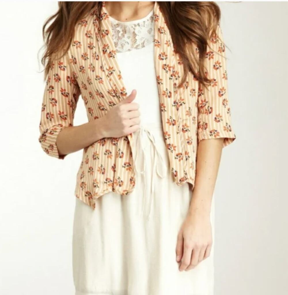 Tulle Floral Stripe Pinstripe Lightweight Open Blazer Jacket Cardigan XS